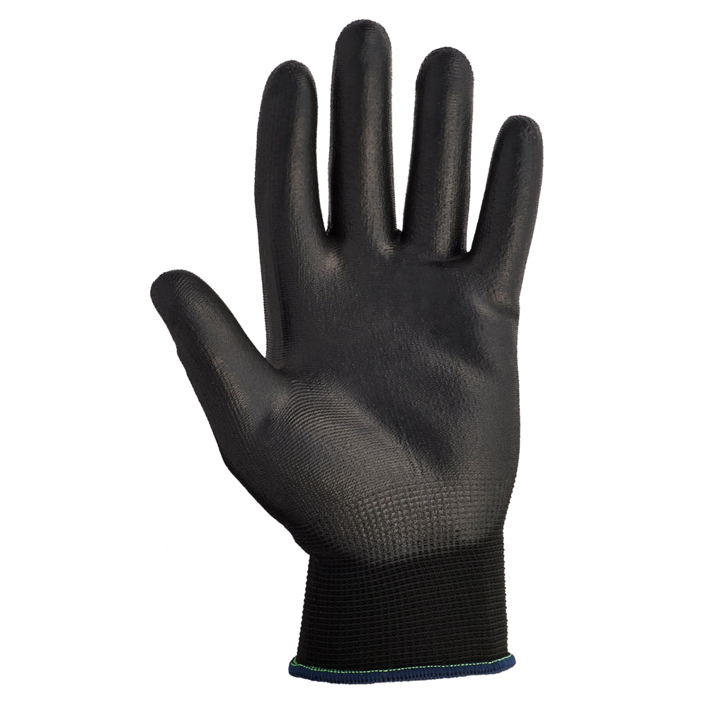 Der KleenGuard® G40 Polyurethanbeschichtete Handschuh von Kimberly-Clark GmbH ist aufrecht, mit der Handfläche nach vorne, in schwarzer Farbe mit glatter Polyurethanbeschichtung der Handfläche und der Finger vor weißem Hintergrund abgebildet.
