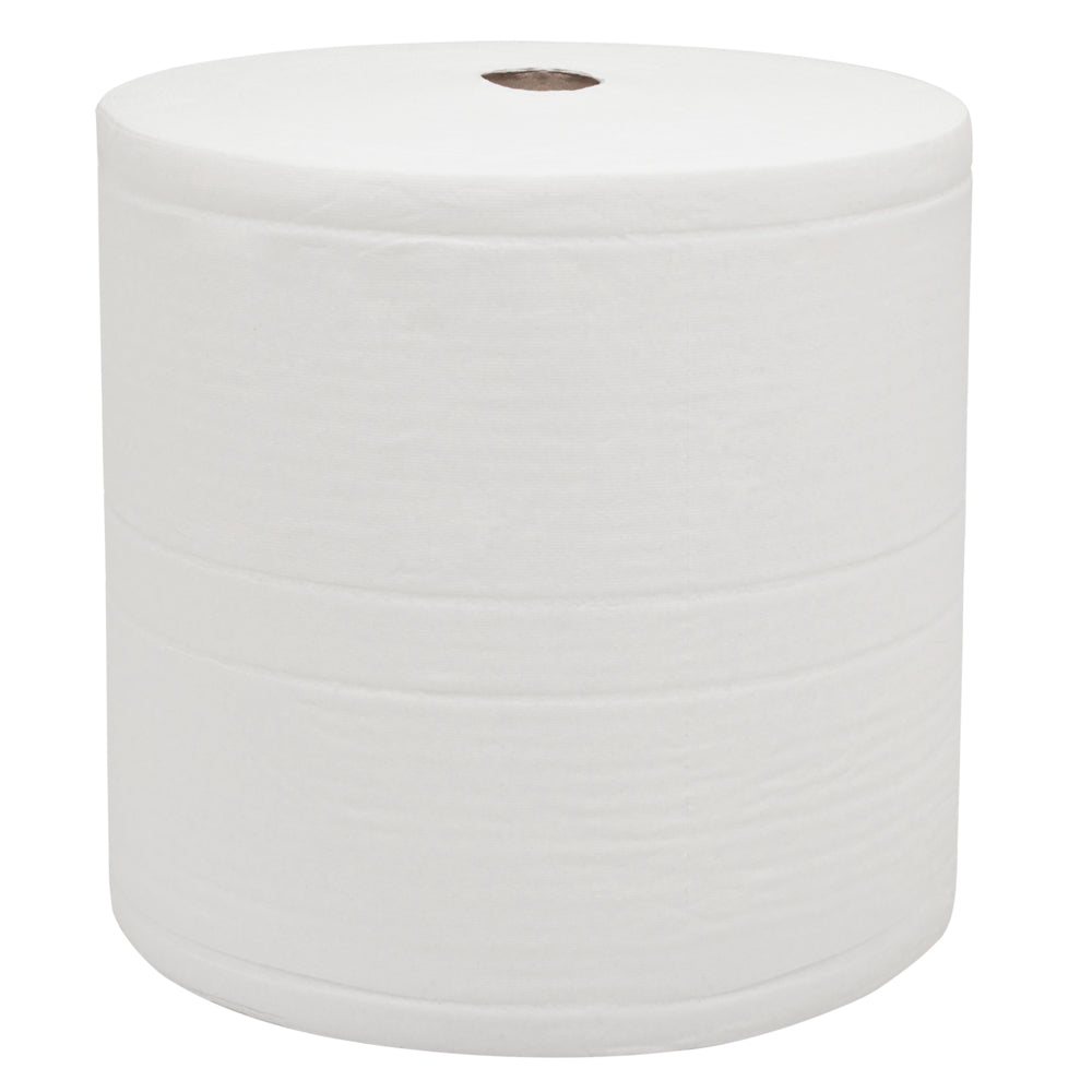 Die WypAll® L30 Papierwischtuch Großrolle von Kimberly-Clark GmbH: extra breit & lang, 1 weiße Rolle mit 1000 Tüchern und sichtbarem Kartonkern - ideal für industrielle Reinigungsaufgaben vor neutralem Hintergrund.