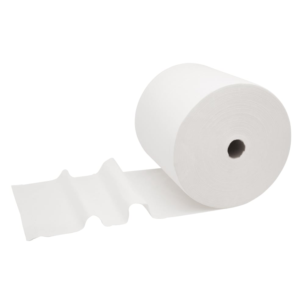 Ein einzelnes WypAll® L30 Großrolle Papierwischtuch von Kimberly-Clark GmbH liegt auf der Seite, ein paar Blätter sind abgerollt und leicht zerknittert - ideal für industrielle Reinigungsaufgaben. 1 Rolle, extra breit & lang, weiß, 1000 Tücher.