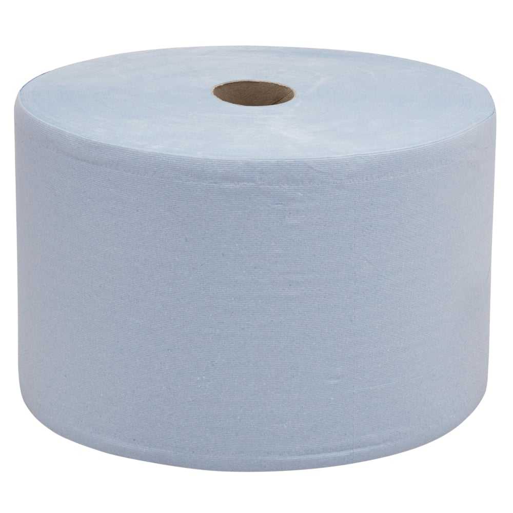 Ein WypAll® L20 Papierwischtuch für Instandhaltungsarbeiten Großrolle von Kimberly-Clark GmbH in Blau (extra breit, 1 Rolle x 1000 Tücher) wird neu und unbenutzt mit sichtbarem Pappkern auf weißem Hintergrund gezeigt.