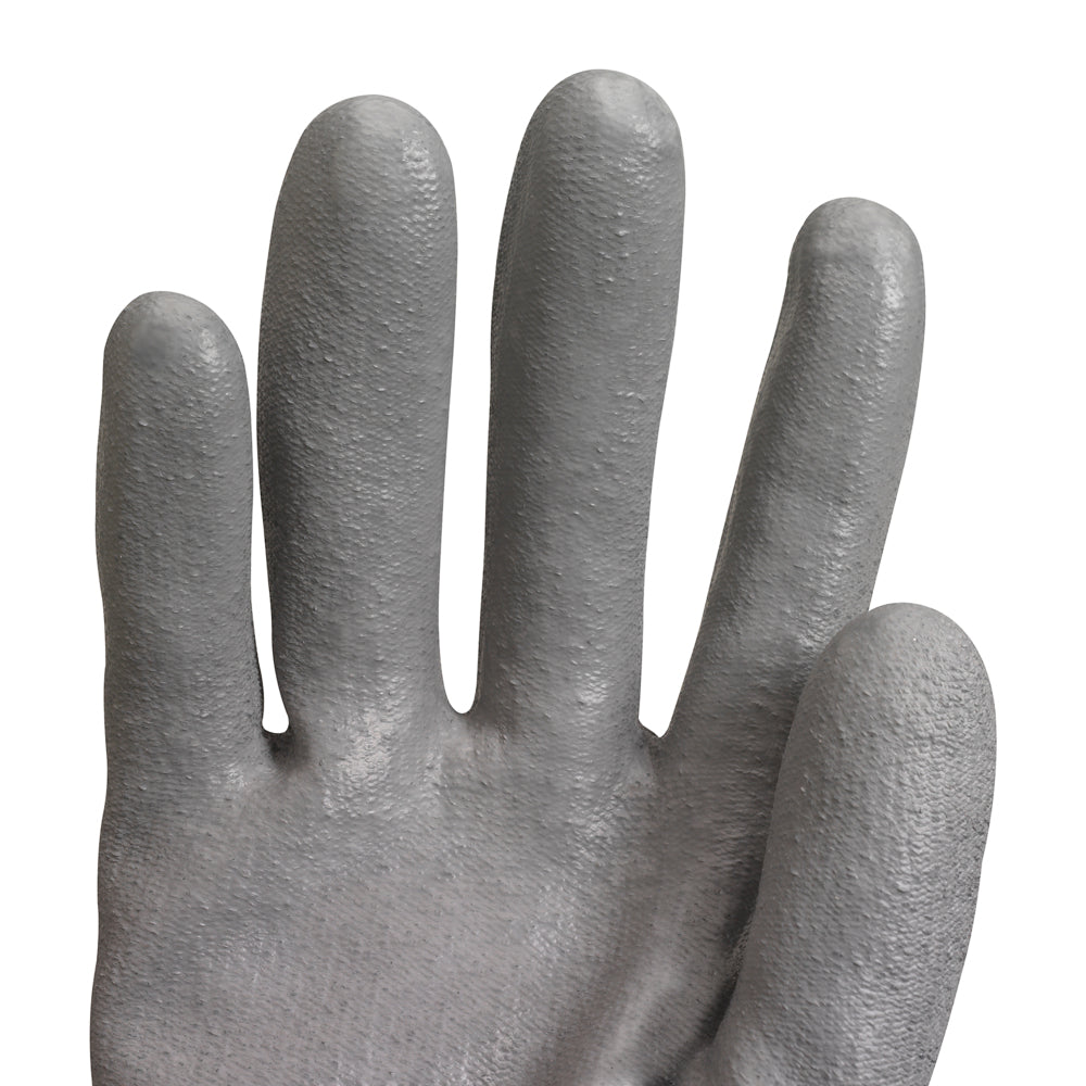Nahaufnahme der Handflächenseite eines grauen, strukturierten Kimberly-Clark GmbH KleenGuard® G60 Endurapro™ Schnittfeste Handschuhe Level 3, die vier verlängerte Finger und weiches, flexibles schnittfestes Material zeigt.