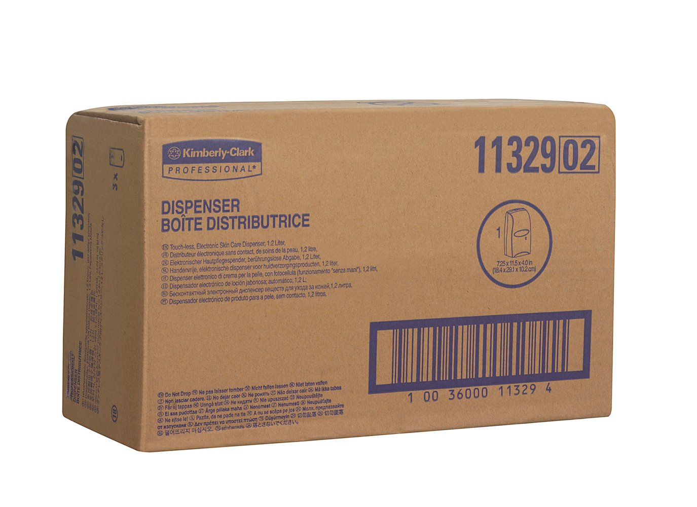 Eine braune Schachtel mit der Aufschrift "Kimberly-Clark Professional™ Elektronischer Hautpflegespender" von Kimberly-Clark GmbH, Produktnummer 11329. Die Verpackung enthält einen englisch/französischen Text, ein Bild des Spenders und einen Hinweis auf die berührungslose Abgabe für Hygiene.