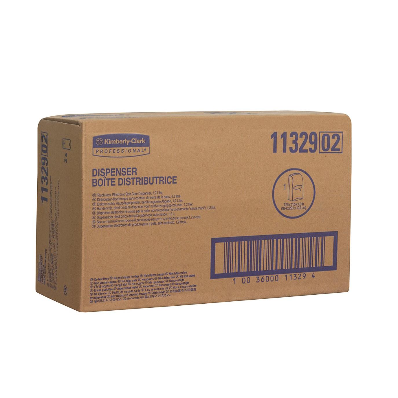 Eine braune Schachtel mit der Aufschrift "Kimberly-Clark Professional™ Elektronischer Hautpflegespender" von Kimberly-Clark GmbH, Produktnummer 11329. Die Verpackung enthält einen englisch/französischen Text, ein Bild des Spenders und einen Hinweis auf die berührungslose Abgabe für Hygiene.