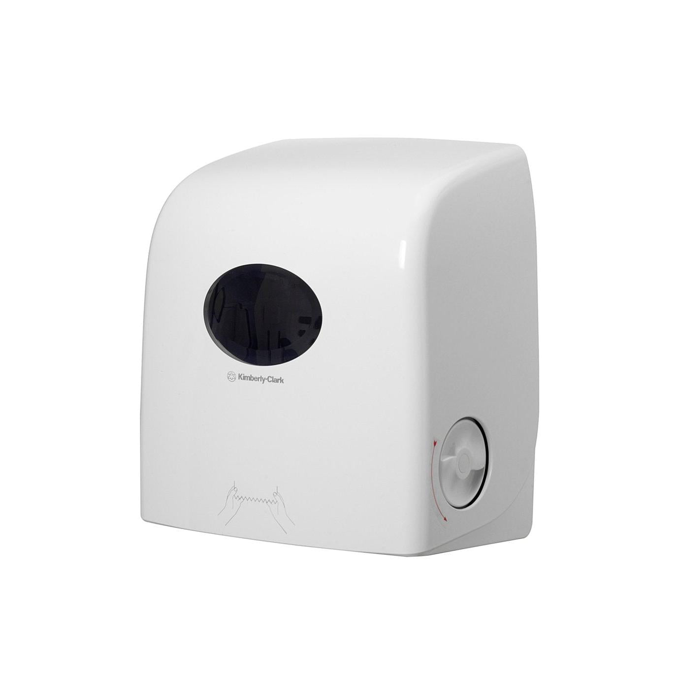 Der Aquarius™ Slimroll™ Rollenhandtuchspender der Kimberly-Clark GmbH ist ein weißer Wandspender mit einem schwarzen ovalen Fenster für die Sichtbarkeit des Papierstandes, einem seitlichen Drehknopf für die manuelle Bedienung und einer klaren Gebrauchsanweisung, die einen hygienischen Betrieb gewährleistet.