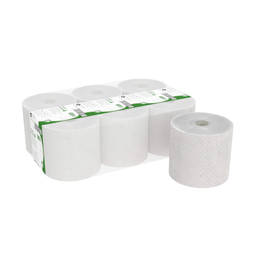 Abgebildet ist eine Packung mit sechs Hostess™ NATURA Rollenhandtüchern der Kimberly-Clark GmbH - fünf in Kunststoff verpackte Naturrollen mit grüner und weißer Beschriftung sowie eine unverpackte Rolle, die aufrecht neben der Packung steht.