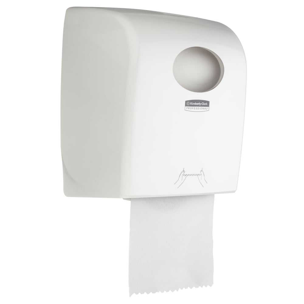 Der Aquarius™ Rollenhandtuchspender - Weiß von Kimberly-Clark GmbH ist ein hygienischer Wandspender für öffentliche Bereiche mit sichtbarem Papierhandtuch, runder Nachfüll-Öffnung oben und Bedienhinweisen in Form von Handzeichnungen.