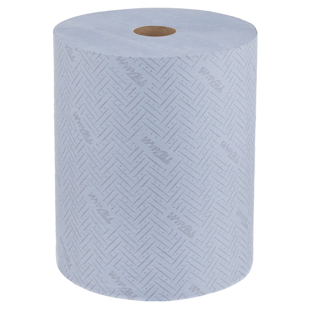 Das WypAll® L20 Papierwischtuch für Oberflächen Großrolle von Kimberly-Clark GmbH ist extra breit, blau, saugfähig und hat einen Hohlkern zum einfachen Spenden. 1 Rolle (1000 Tücher) mit dezentem Muster und "WYPALL"-Aufdruck.