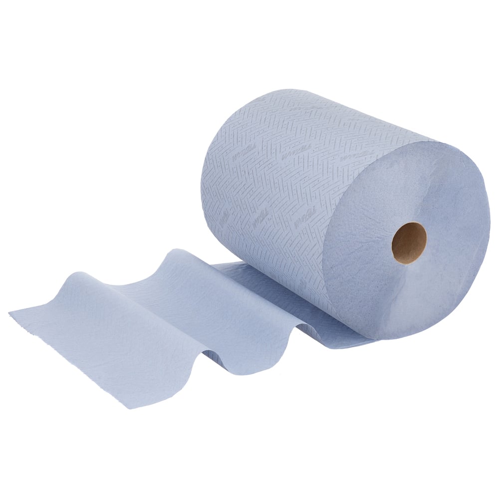 Das Kimberly-Clark GmbH WypAll® L20 Papierwischtuch für Oberflächen ist eine extrabreite blaue Großrolle mit 1000 Blatt auf einem Pappkern, die sich durch ein dezentes Muster auszeichnet - ideal als saugfähiges Reinigungstuch.