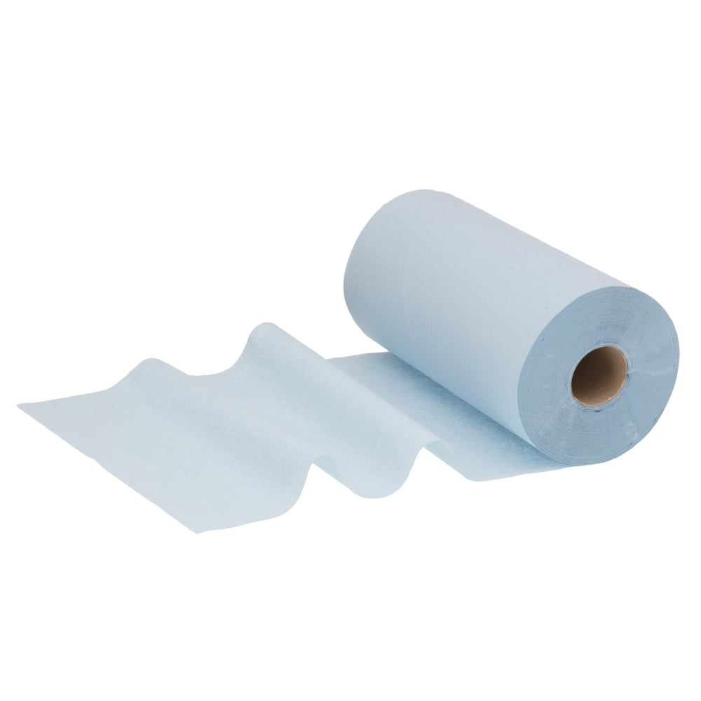Ein teilweise ausgerolltes WypAll® L10 Papierwischtuch für Lebensmittel & Hygiene (Kleinrolle, 1-lagig, 46 x 24 cm) von Kimberly-Clark GmbH liegt auf einer weißen Fläche - ideal für schnelle Reinigung und Lebensmittelhygiene.