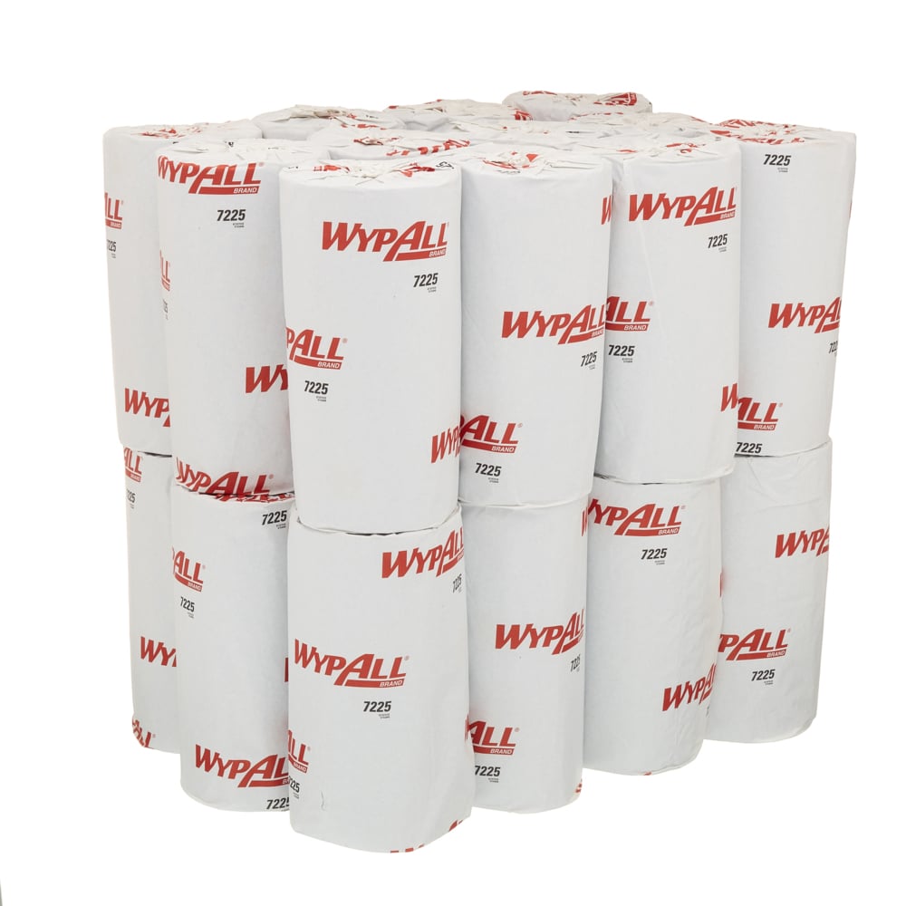Ein Set von 12 WypAll® L10 Papierwischtuch Kleinrollen von Kimberly-Clark GmbH (1-lagig, 46x24 cm), jeweils in weißer Verpackung mit roten Logos und Produktnummer 7225 - ideal für Reinigung und Lebensmittel Hygiene.