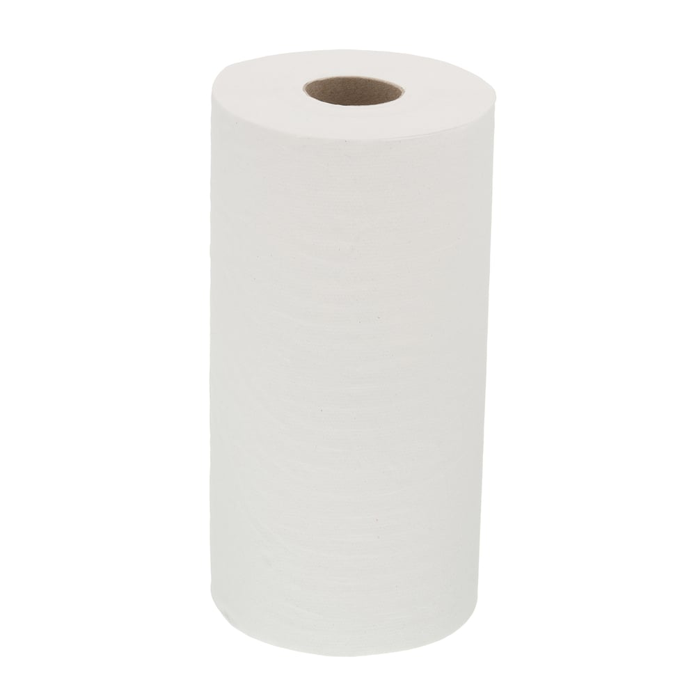 Ein einzelnes aufrechtes WypAll® L10 Papierwischtuch für Lebensmittel & Hygiene Kleinrolle (1-lagig, 46,00 cm x 24,00 cm) von Kimberly-Clark GmbH mit sichtbarem braunem Kern, ideal für Reinigung und Hygiene, auf einfarbig weißem Hintergrund.
