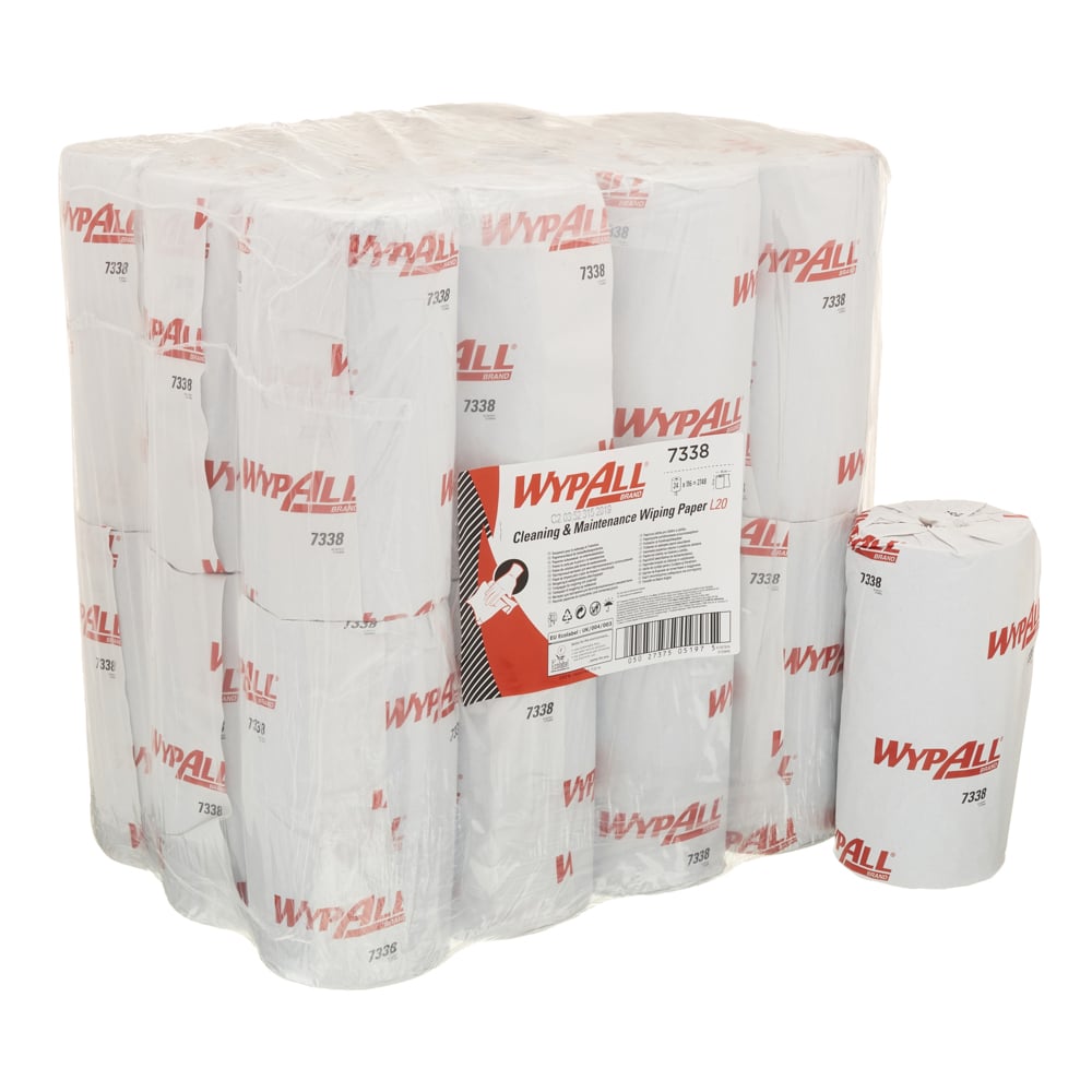 Eine große, in Kunststoff verpackte Packung WypAll® L20 Papierwischtuch für Instandhaltungsarbeiten von Kimberly-Clark GmbH, 2-lagig, 24 Kleinrollen à 116 Tücher; eine einzelne Rolle steht aufrecht neben dem Karton.