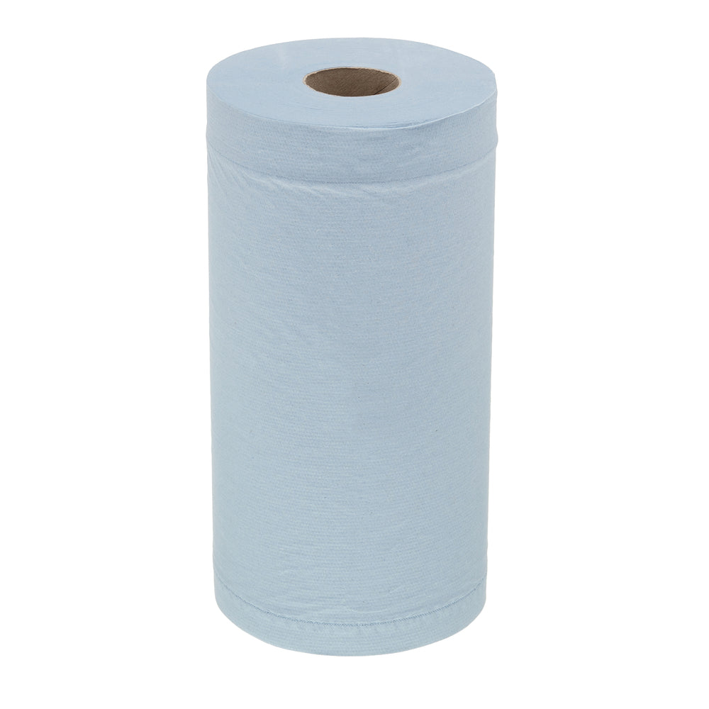 Abgebildet ist eine volle, aufrecht stehende Rolle WypAll® L20 Papierwischtuch für Instandhaltungsarbeiten (Blau, 2-lagig) der Kimberly-Clark GmbH mit sichtbarer Pappröhre. Perfekt für professionelle Reinigungsaufgaben. Packung: 24 Rollen x 116 Blatt.