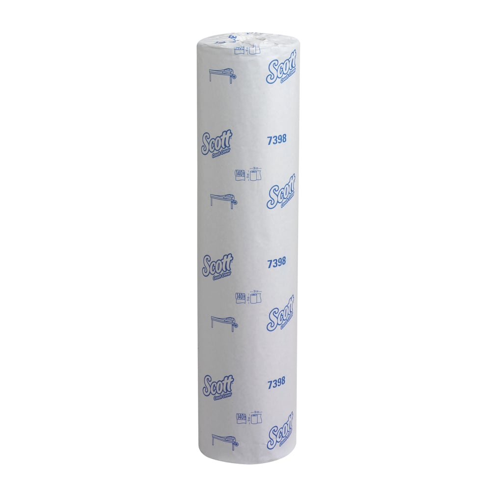 Eine Schachtel Scott® EXTRA Ärzterollen - Blau von Kimberly-Clark GmbH enthält 12 Rollen (je 140 Blatt), verpackt in Weiß mit blauem Logo, ideal für medizinische Einrichtungen, hochkant auf weißem Hintergrund abgebildet.