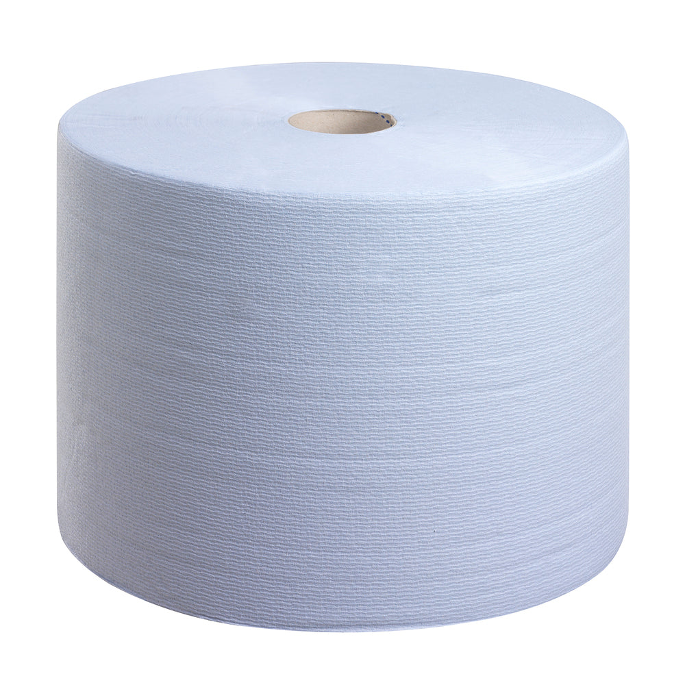 Eine große WypAll® L10 EXTRA Wischtücher Großrolle (blau, 1 Rolle x 1500 Blatt) der Kimberly-Clark GmbH ist mit sichtbarem Pappkern vor einem einfarbig weißen Hintergrund abgebildet.
