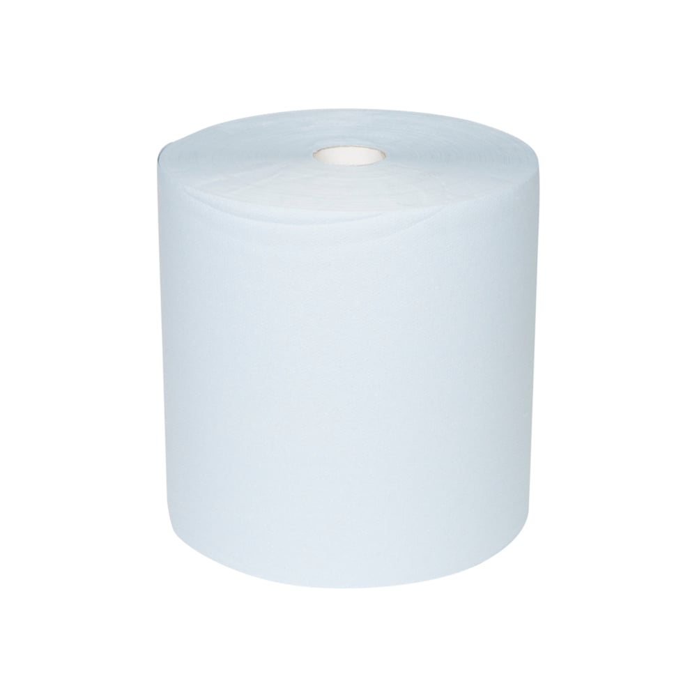 Ein großes WypAll® L10 Papierwischtuch für Oberflächen Großrolle (38,00 cm x 32,50 cm) von Kimberly-Clark GmbH steht aufrecht vor weißem Hintergrund - ideal zur Reinigung von Oberflächen dank extra breiter, zylindrischer Form mit sichtbarem Hohlkern.