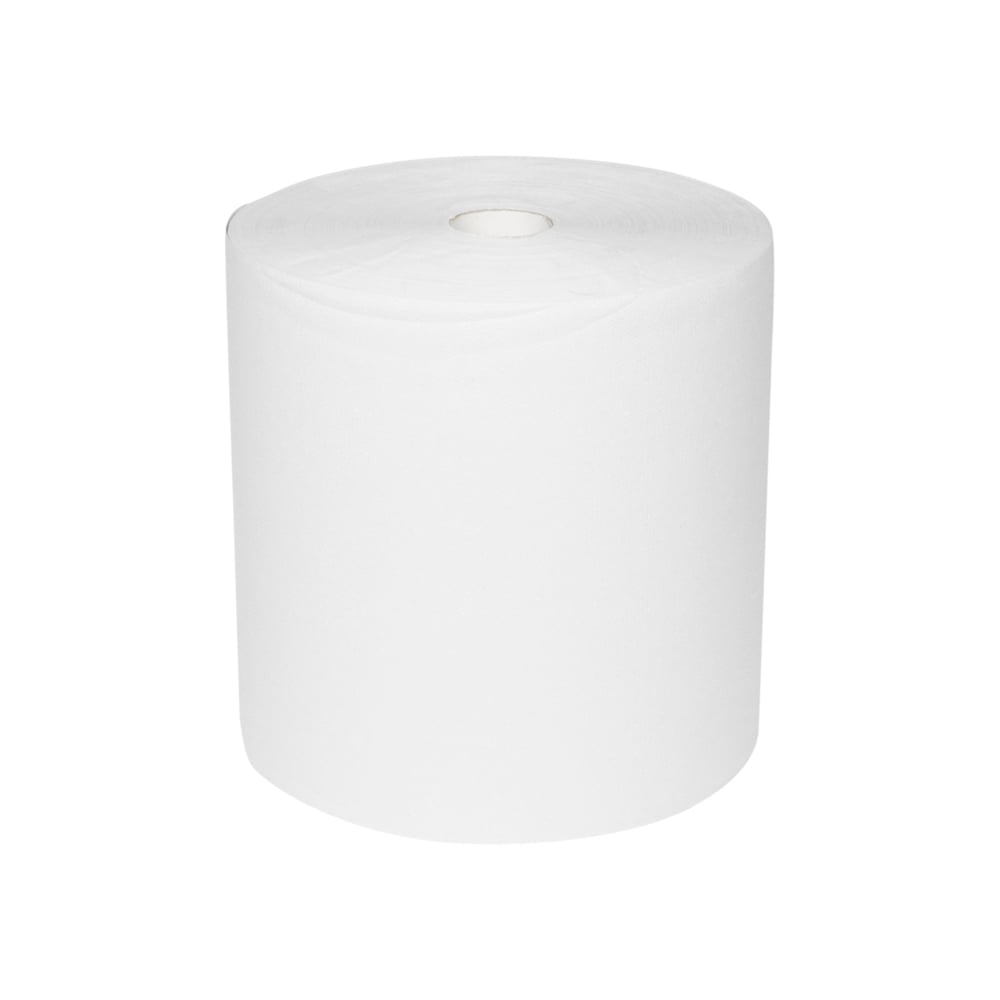 Ein großes, weißes WypAll® L10 Papierwischtuch für Oberflächen - Großrolle (extra breit, 38,00 cm x 32,50 cm) der Kimberly-Clark GmbH steht aufrecht auf einem einfarbig weißen Hintergrund und verfügt über eine kleine Pappröhre in der Mitte für eine effiziente Reinigung.