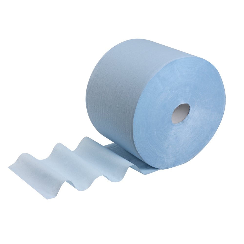 Das WypAll® L10 Papierwischtuch für Oberflächen Großrolle (38,00 cm x 23,50 cm) von Kimberly-Clark GmbH ist auf einem einfarbig weißen Hintergrund teilweise abgerollt dargestellt - ideal für die Oberflächenreinigung in verschiedenen Umgebungen.