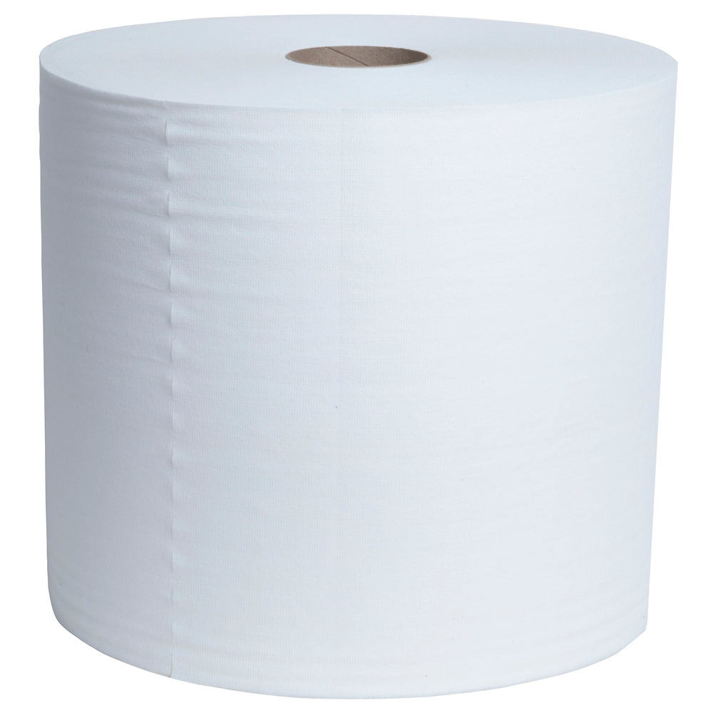 Die Kimtech® Aviation Reinigungstücher Großrolle von Kimberly-Clark GmbH ist eine große, weiße Industriepapierrolle (1 x 900 Blatt), aufrecht stehend mit einem braunen Kern - ideal für Reinigungsaufgaben in der Luftfahrt.