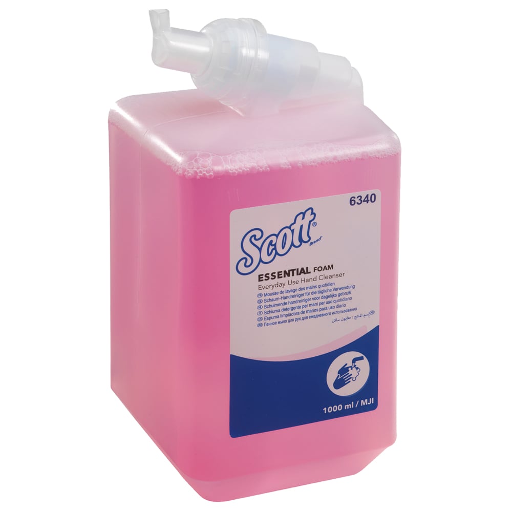 Eine 1 L Scott® Essential™ Schaumseife-Kassette von Kimberly-Clark GmbH für die tägliche Handreinigung, rosa Seife, mit klarer Ausgabetülle und blau-weißem Etikett. Packung mit 6 Kartuschen.