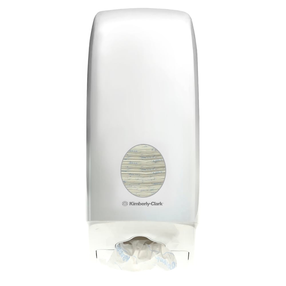 Ein wandmontierter Aquarius™ Toilettenpapierspender der Kimberly-Clark GmbH in Weiß mit einem transparenten Sichtfenster für den Überblick über den Papiervorrat und einem Bodenspender für eine hygienische Aufbewahrung - ideal für jede Umgebung.
