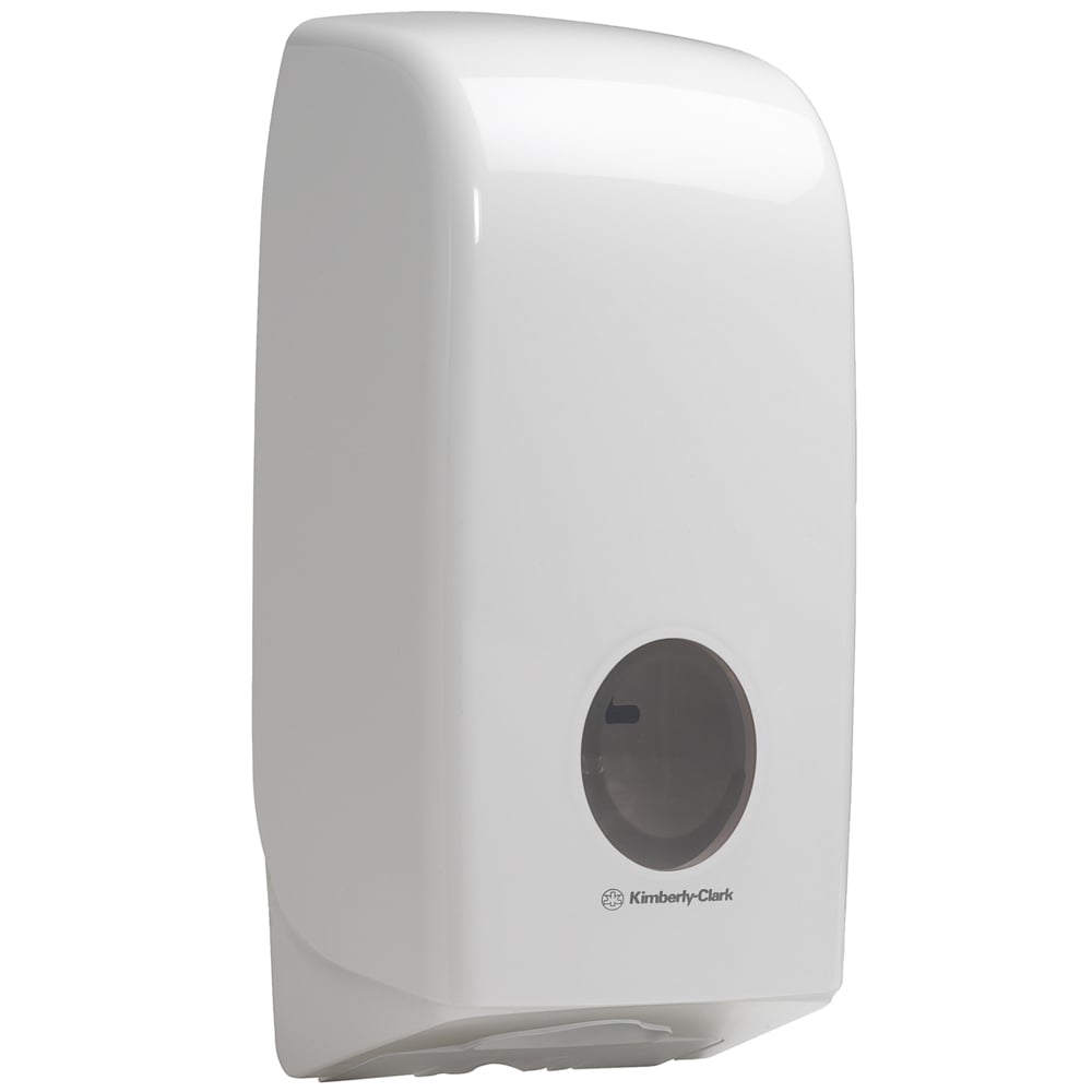 Der Aquarius™ Toilettenpapierspender in Weiß von Kimberly-Clark GmbH ist ein an der Wand montierter, rechteckiger Spender mit einem kleinen, transparenten Fenster für den Füllstand der Tücher, ideal für die hygienische Aufbewahrung in jeder Umgebung.