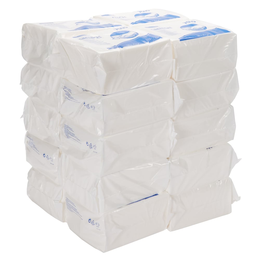 Ein Stapel von 20 Beuteln mit je 50 weißen Kimtech® Saugfähige Pflegetücher von Kimberly-Clark GmbH, verpackt in Frischhaltefolie mit blauen und weißen Etiketten - ideale Reinigungstücher Industrie für vielfältige Reinigungsaufgaben.