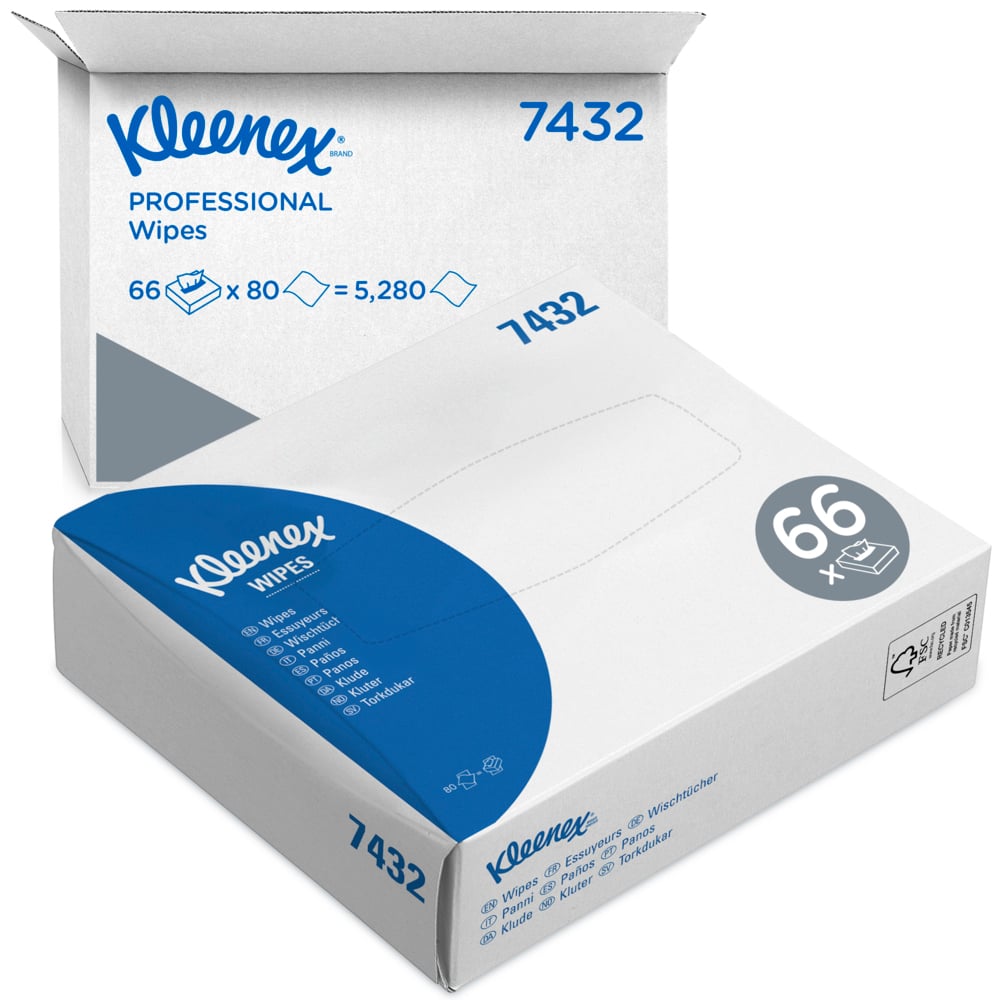 Ein Karton der Kimberly-Clark GmbH Kleenex® Wischtücher Interfold Weiß enthält 66 Schachteln mit je 80 Blatt (insgesamt 5.280 Tücher) in einer hygienischen blau-weißen Verpackung, auf der die Produktdetails deutlich sichtbar sind.