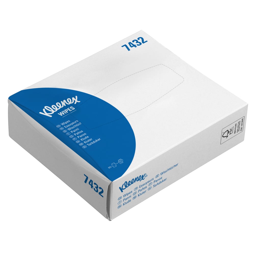 Eine weiß-blaue Schachtel Kleenex® Wischtücher Interfold (66 x 80 Blatt) von Kimberly-Clark GmbH ist auf einem schlichten weißen Hintergrund abgebildet, mit mehrsprachigen Informationen, ideal für die hygienische Reinigung, und einem Recycling-Symbol.