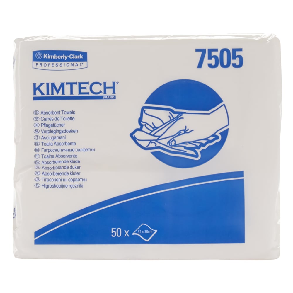 Kimberly-Clark GmbH Kimtech® Saugfähige Pflegetücher, Weiß, 20 Beutel x 50 Tücher (32 x 30 cm) je Karton. Die Verpackung zeigt mehrsprachigen Text und eine Hand beim Wischen-ideal für die Reinigung in der Industrie.