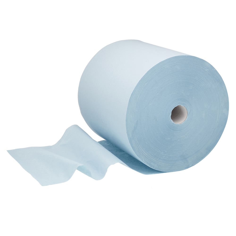 Die WypAll® L30 Großrolle von Kimberly-Clark GmbH: extra breites, blaues Papierwischtuch für industrielle Reinigungsaufgaben, 1 Rolle mit 670 Tüchern, auf weißem Hintergrund abgebildet.