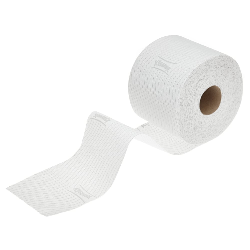 Eine einzelne Rolle Kleenex® Toilettenpapier Standard Weiß (Kimberly-Clark GmbH), strukturiert und teilweise abgerollt mit sichtbarem Innenschlauch, wird als Teil eines 6 Packs x 6 kleine Rollen x 350 Blatt Kartons (6 Päckchen) gezeigt.