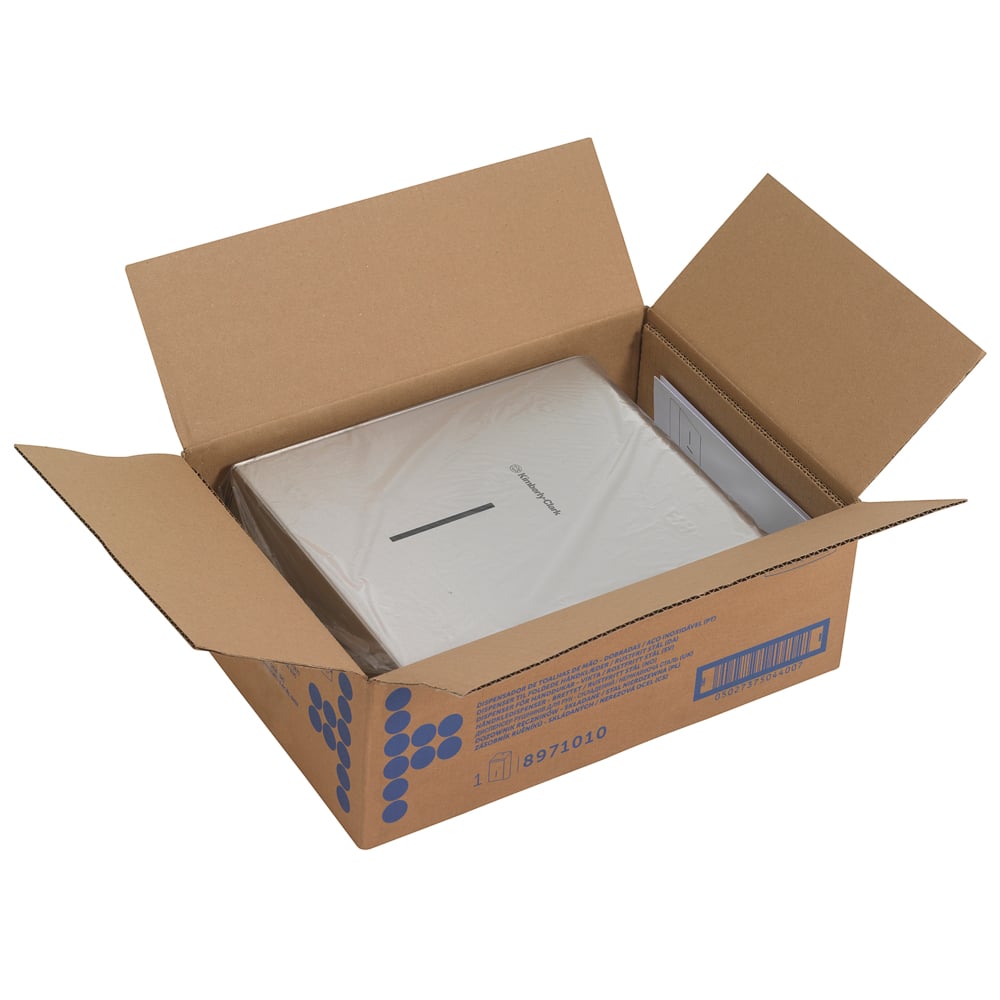 Eine braune Schachtel mit blauem Aufdruck enthält weiße Papierhandtücher, die in durchsichtigem Kunststoff verpackt sind - ideal zum hygienischen Händetrocknen mit dem Kimberly-Clark Professional™ Handtuchspender - Edelstahl von Kimberly-Clark GmbH.