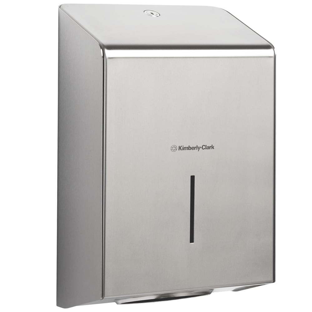 Der Kimberly-Clark Professional™ Handtuchspender aus Edelstahl bietet hygienisches Händetrocknen, ein Sichtfenster zur Füllstandskontrolle sowie ein modernes, abschließbares Design - ideal für anspruchsvolle Waschräume.