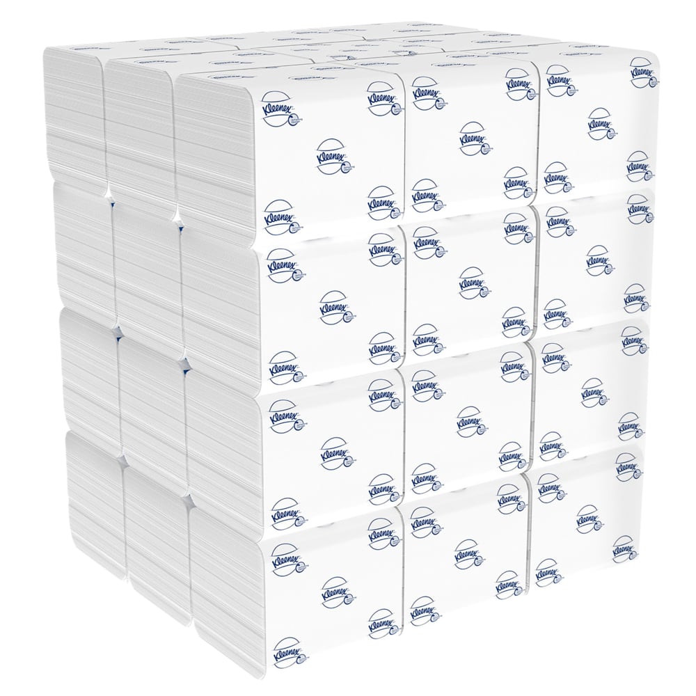 Ein großer Stapel Kleenex® Toilettenpapier Einzelblattsytem (36 x 200 Blatt), jeweils in weißer Verpackung mit blauem Kimberly-Clark-Logo, fein säuberlich in einem Würfel angeordnet.