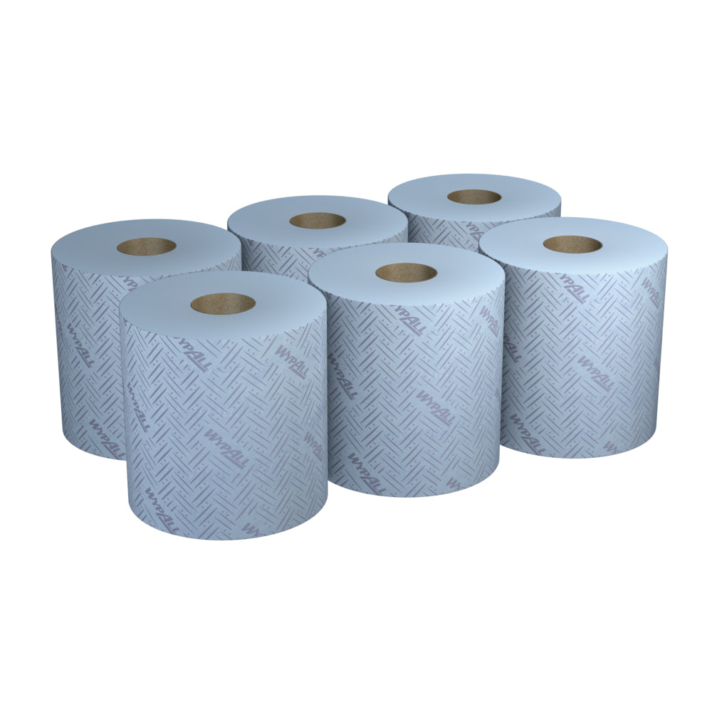 Sechs Rollen Kimberly-Clark GmbH WypAll® L20 blau, 2-lagiges Papierwischtuch (6x400 Blatt), ideal für die Zentralentnahme bei Instandhaltungsarbeiten. Jede Rolle ist in zwei Dreierreihen angeordnet für eine bequeme Handhabung.