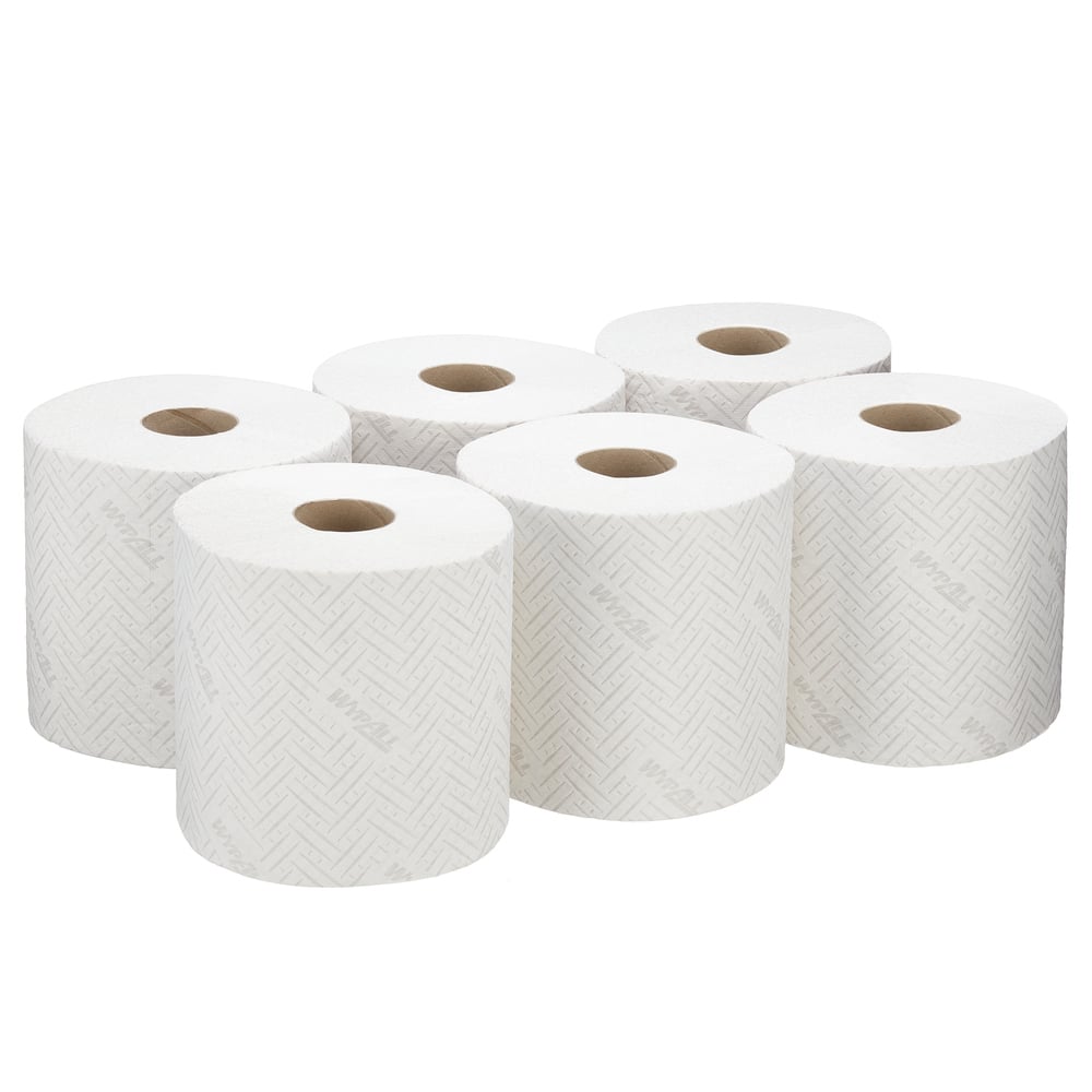 Sechs Rollen WypAll® L20 Papierwischtuch für Instandhaltungsarbeiten von Kimberly-Clark GmbH (weiß, 6 x 400 Blatt) sind übersichtlich in zwei Dreierreihen angeordnet und zeigen ein dezentes Fischgrätenmuster auf weißem Hintergrund.