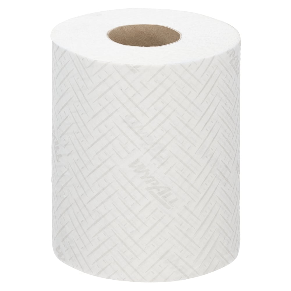 Das WypAll® Reach™ Papierwischtuch für Lebensmittel & Hygiene von Kimberly-Clark GmbH ist eine große, weiße Rolle mit dezenter Prägung und sichtbarem "WypAll"-Branding, die für den hygienischen Einsatz in der Lebensmittelverarbeitung konzipiert ist und über einen zentralen Pappkern verfügt.