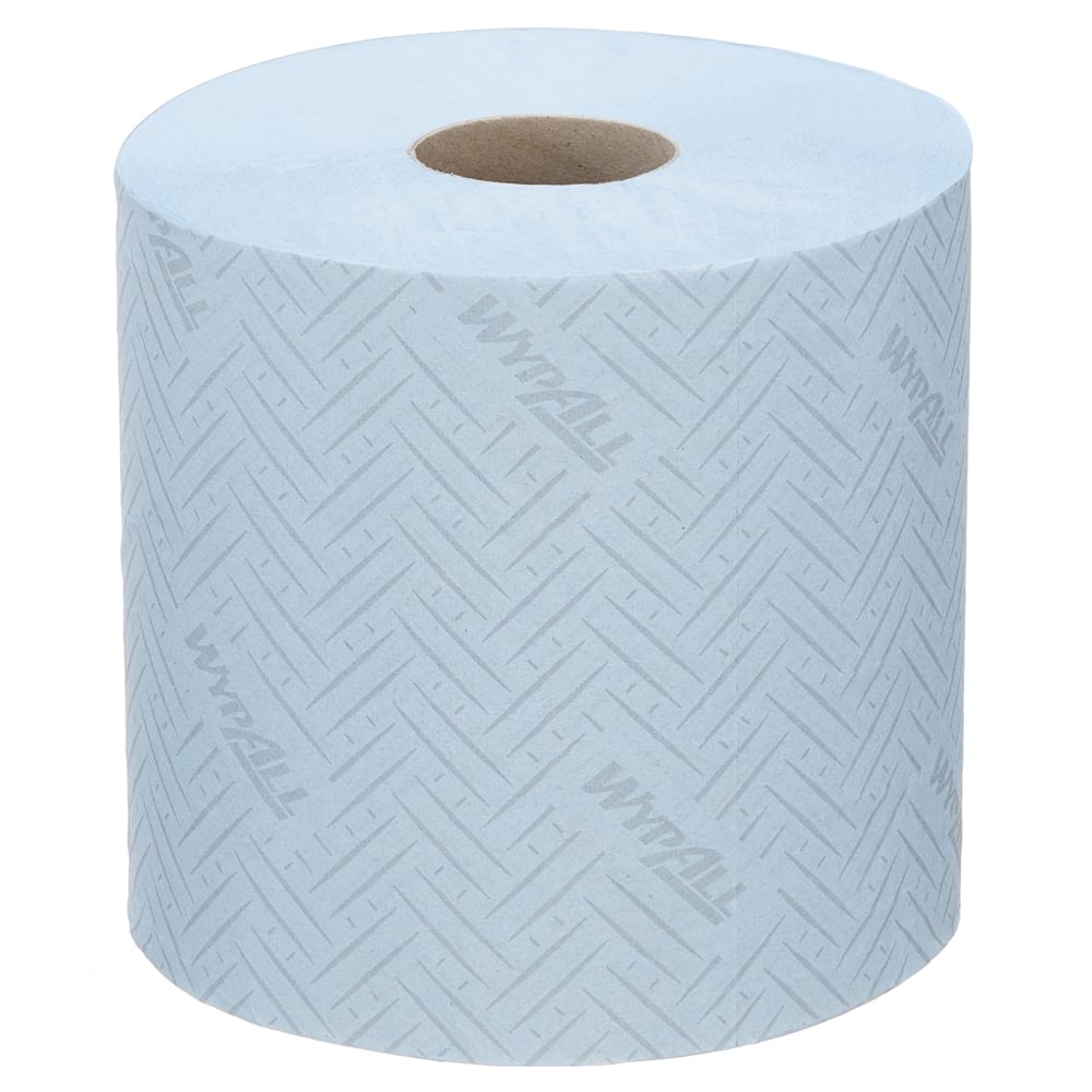 Eine einzelne Rolle WypAll® L10 blau 1-lagiges Papierwischtuch von Kimberly-Clark GmbH, ideal für Lebensmittel- und Hygienebereiche. Unbenutzt, mit einem dezenten "WypAll"-Aufdruck, steht es aufrecht; Zentralentnahme. Verkauft in Kartons mit 6 Rollen zu je 800 Blatt.