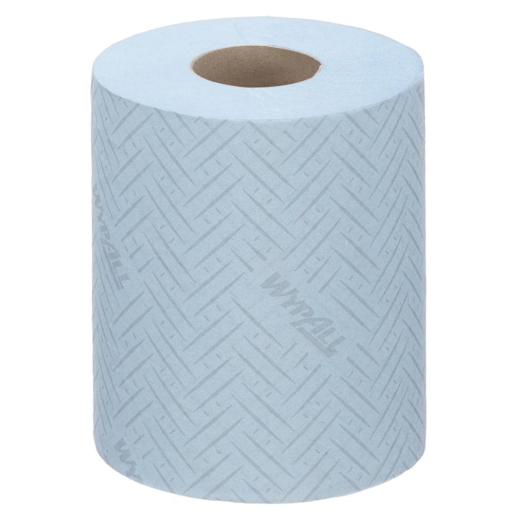 Ein Karton WypAll® Reach™ blaues Papierwischtuch von Kimberly-Clark GmbH (6 Rollen x 280 Tücher), ideal für Zentralentnahme in Service & Einzelhandel, wird auf weißem Hintergrund gezeigt.