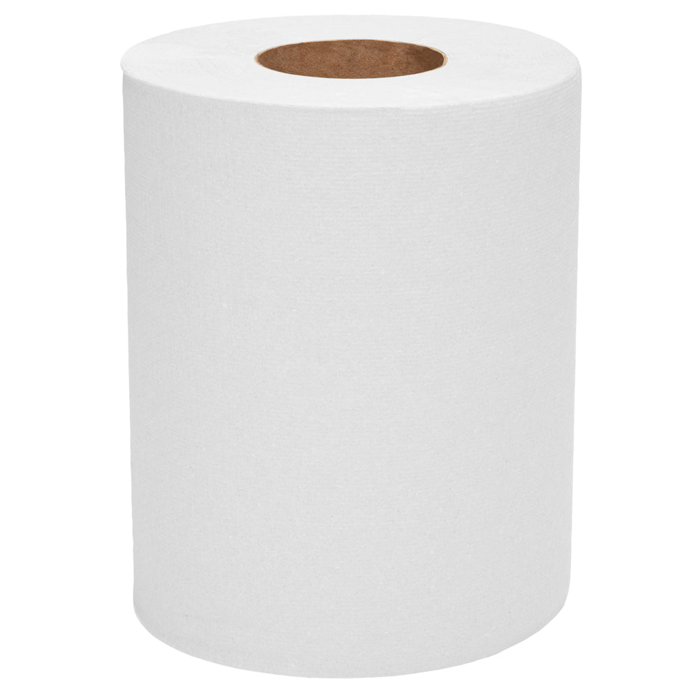 Eine einzelne WypAll® L10 Papierwischtuch (Weiß) Rolle von Kimberly-Clark GmbH mit braunem Kern, vor weißem Hintergrund - ideal für Reinigung im Service & Einzelhandel mit Zentralentnahme; Karton enthält 6 Rollen à 390 Tücher.