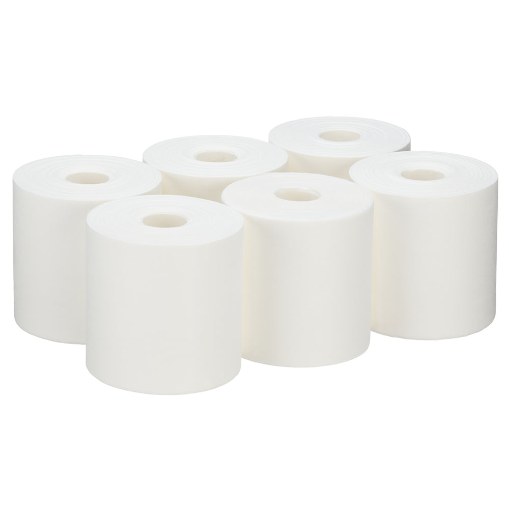 Sechs WypAll® Wettask™ PowerClean Rollen von Kimberly-Clark GmbH (weiß, 6 Refills à 60 Tücher) sind in zwei Reihen angeordnet. Jede Rolle hat ein zentrales Loch und glatte Kanten - ideal für professionelle Reinigung.