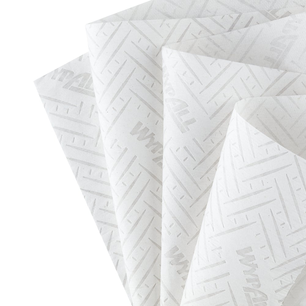 Sechs weiße Rollen WypAll® L20 Papierwischtuch für Instandhaltungsarbeiten von Kimberly-Clark GmbH mit je 400 Blatt und dezentem Diagonalmuster - ideal für Reinigungs- und Wartungsarbeiten. Zentrale Dosierung.