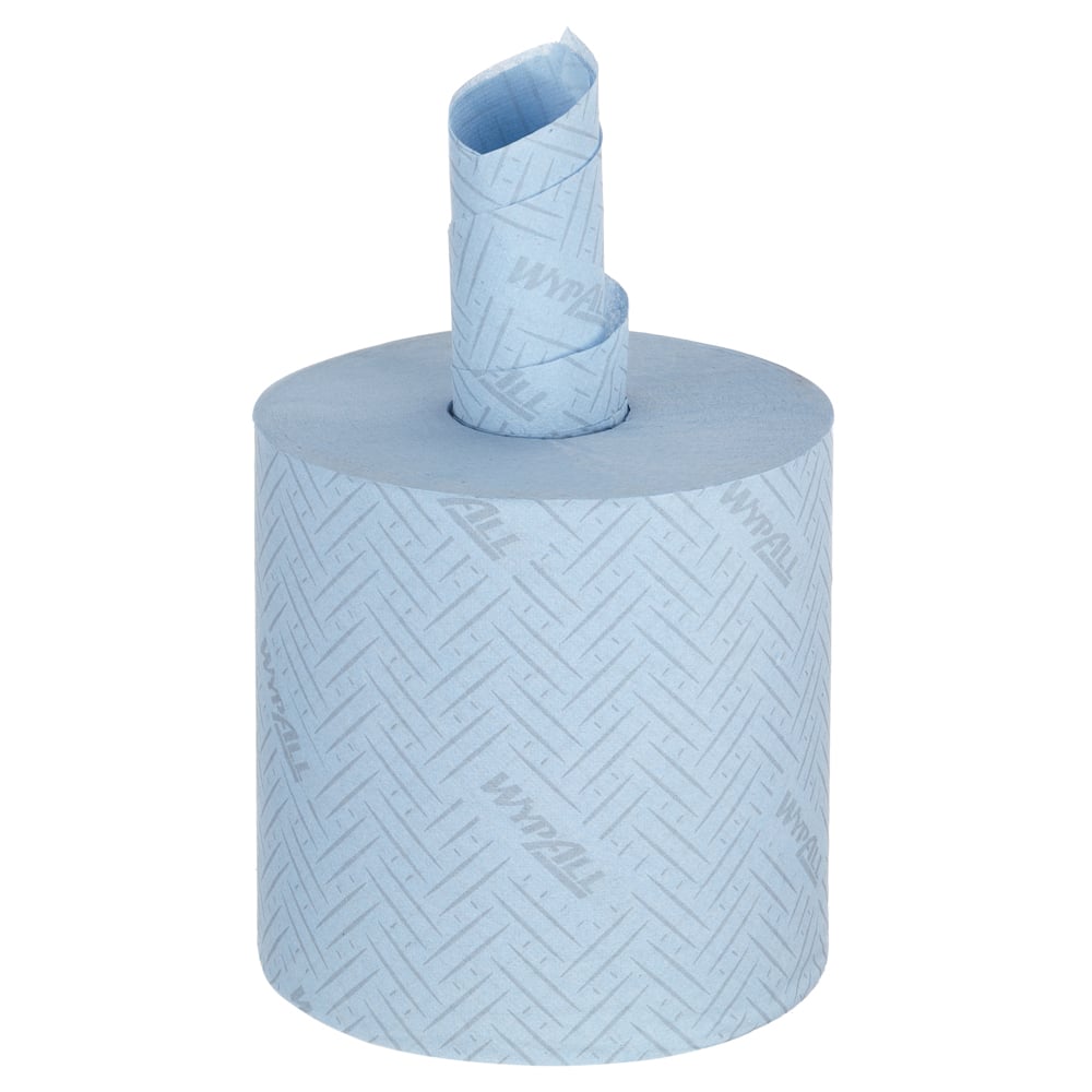 Eine Großrolle blaues, 1-lagiges WypAll® L10 Papierwischtuch von Kimberly-Clark GmbH für den hygienischen Einsatz im Lebensmittelbereich, mit Mittelauszug und aufgedrucktem WYPALL-Logo; Karton enthält 6 Rollen mit je 800 Blatt.