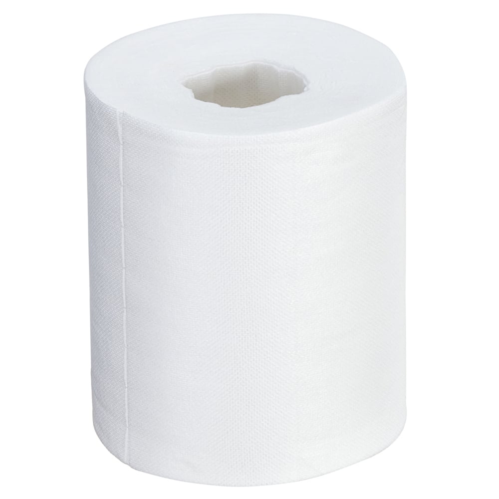 Eine einzelne, unbenutzte Rolle Kimtech® Wischtücher - Zentralentnahme / Weiß von Kimberly-Clark GmbH steht aufrecht auf einem schlichten weißen Hintergrund und verfügt über eine sichtbare zentrale Pappröhre für eine einfache Entnahme und effektive Reinigung.