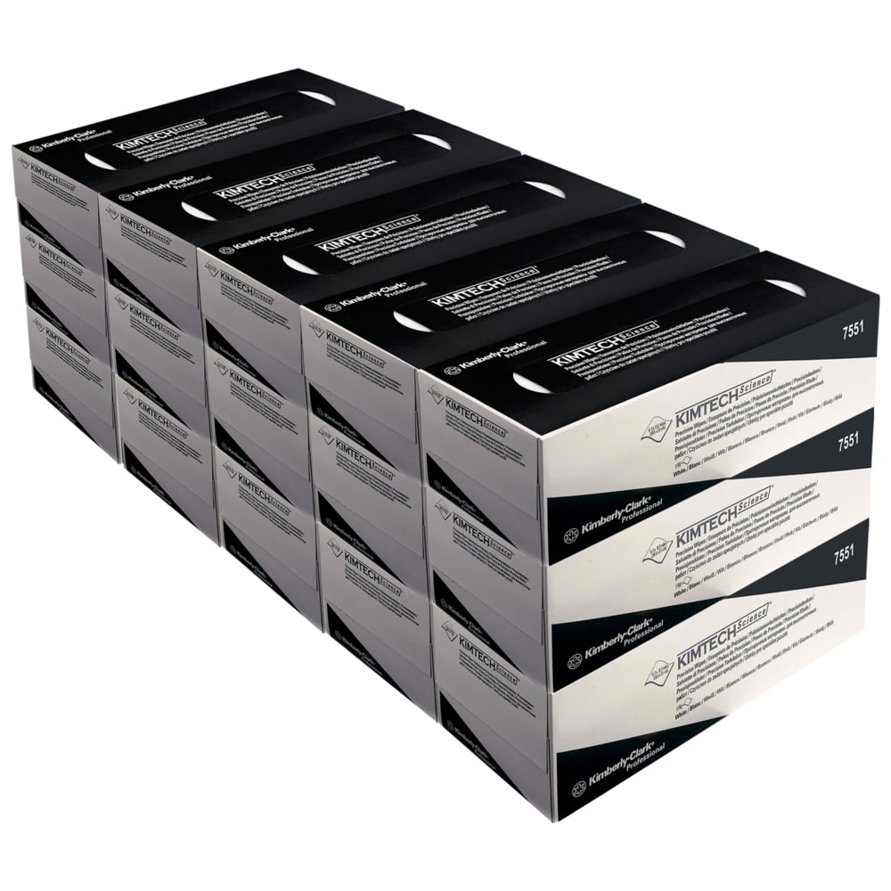 Vier Reihen Kimberly-Clark GmbH Kimtech® Science Präzisionstücher Zupfboxen, Groß, Weiß (15 Boxen x 196 Tücher) sind übereinander gestapelt; jeder Karton zeigt deutlich die Marke und die Produktangaben auf der Verpackung.