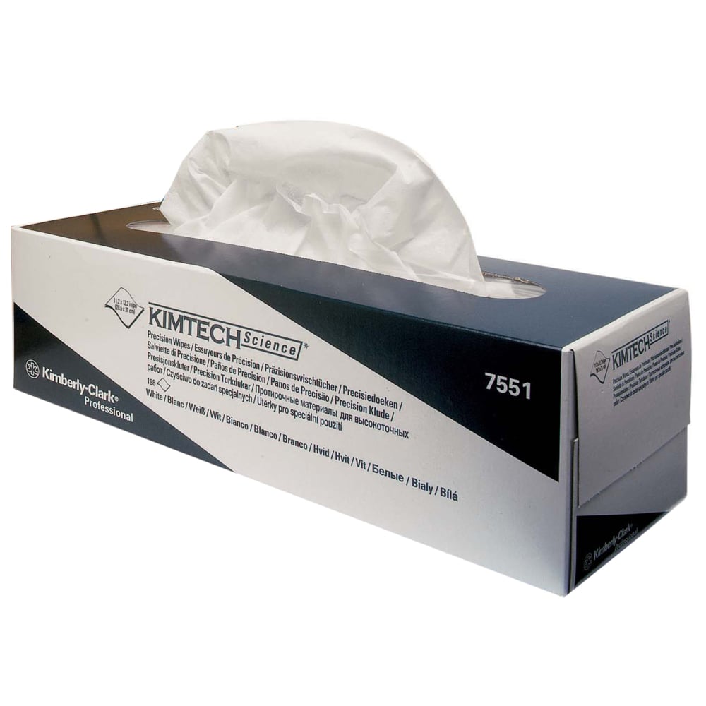 Eine Kimtech® Science Präzisionstücher Zupfbox von Kimberly-Clark GmbH (Weiß/Groß, 15 Boxen x 196 Tücher) steht auf einer weißen Fläche, ein Tuch hervorziehbar-ideal für empfindliche Oberflächen.