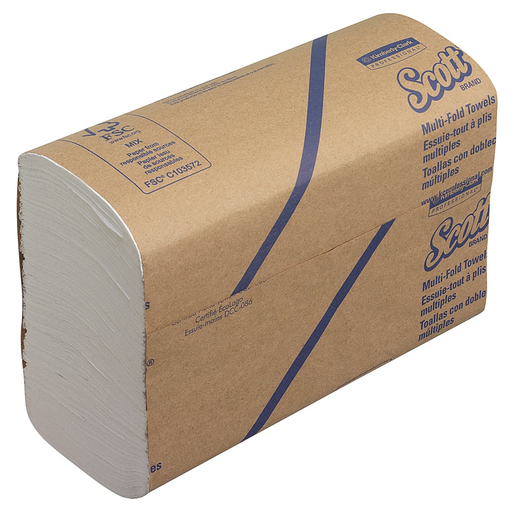 Ein Stapel Scott® Handtücher - MultiFold, weiß, 16 Clips x 250 Blatt (Karton), von Kimberly-Clark GmbH, mit teilweise sichtbaren saugfähigen Papierhandtüchern am Ende der weißen Verpackung.