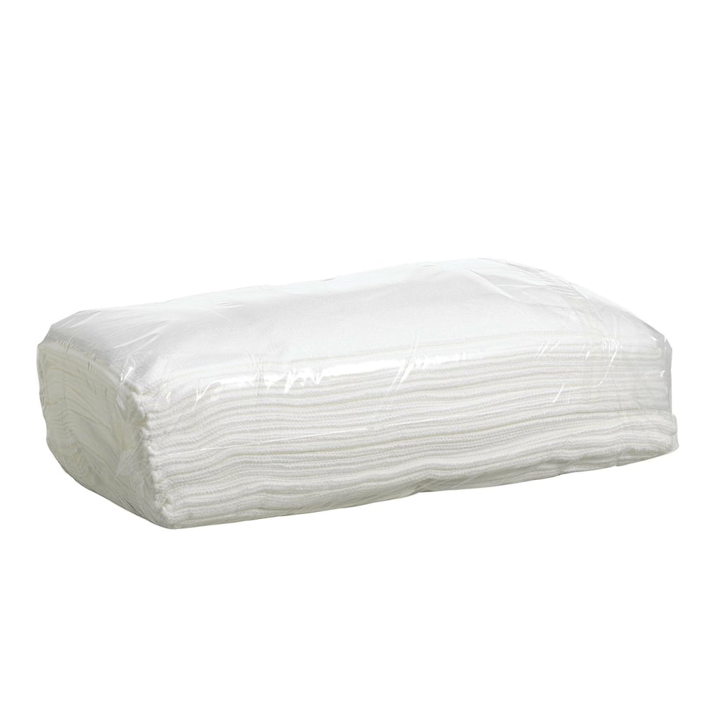 Ein Stapel Kimberly-Clark GmbH Kimtech® Auto Mikrofaser-Oberflächenwischtücher (1 Karton x 25 weiße Tücher) in klarer Folie, ideal für die Autoreinigung, arrangiert vor weißem Hintergrund.