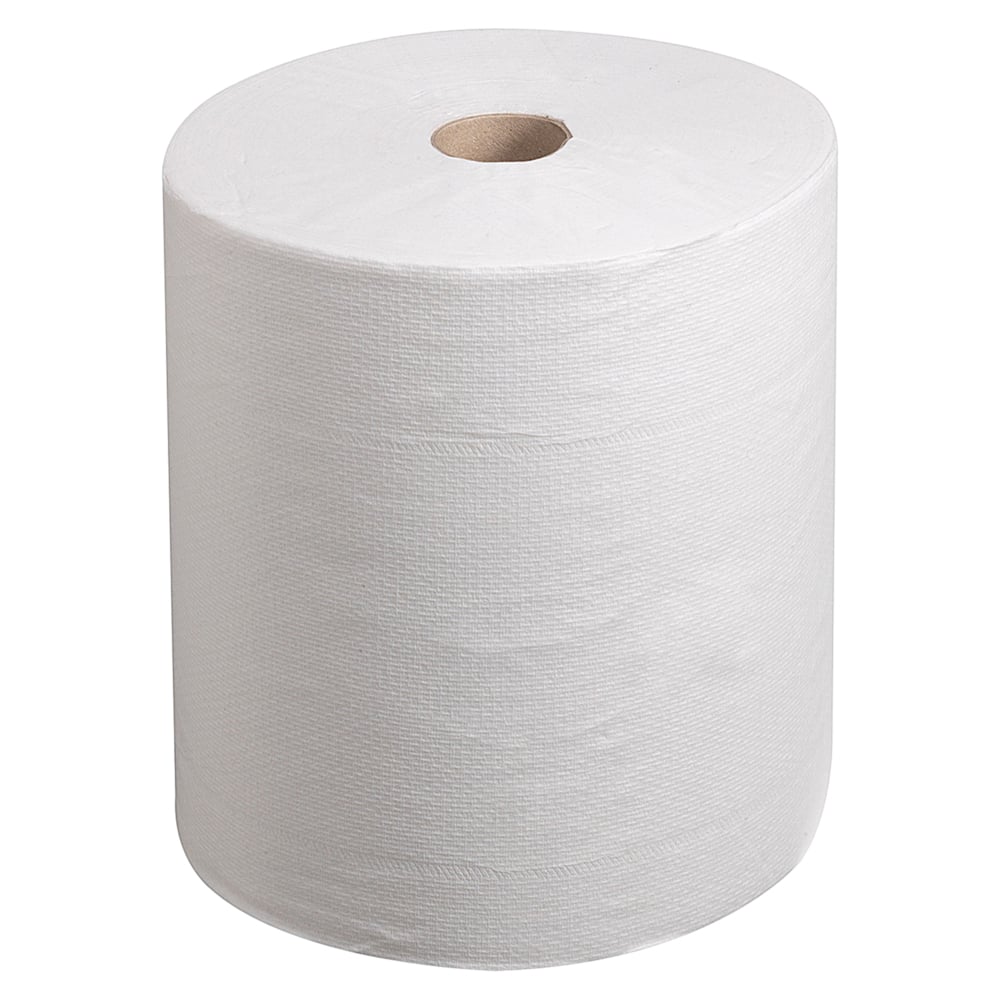Eine Kleenex® Ultra™ Handtuchrolle von Kimberly-Clark GmbH in Weiß steht mit sichtbarem braunem Kartonkern aufrecht vor weißem Hintergrund. 6 Rollen pro Karton. Ideal für hygienisches Händetrocknen.